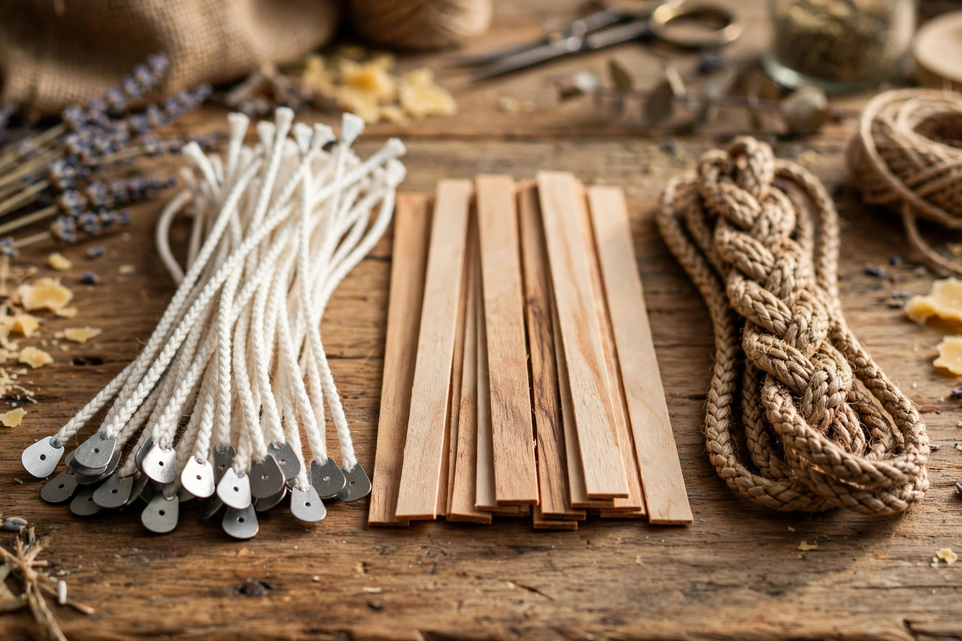 Cotton wicks, wood wicks, and hemp wicks grouped side by side on a wooden table