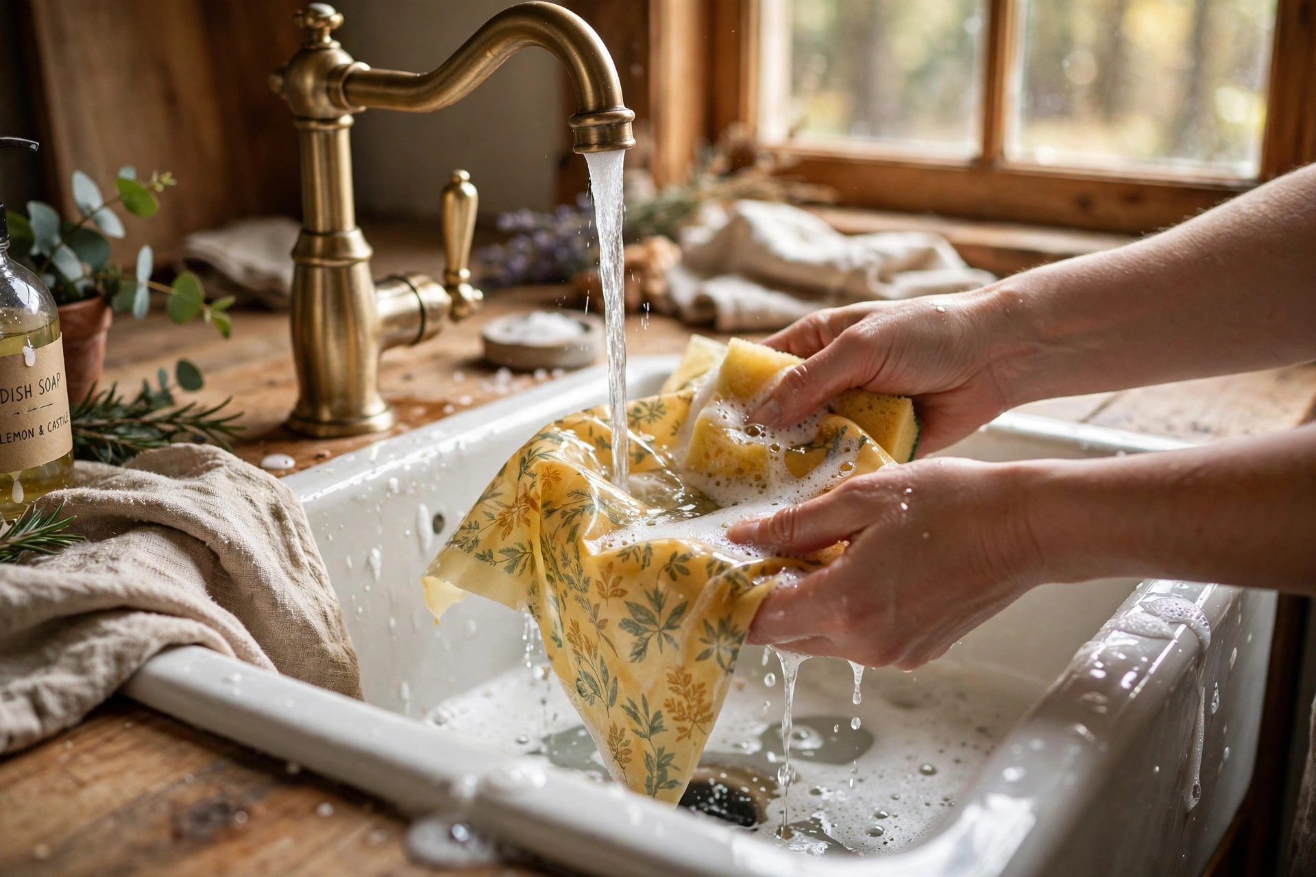Washing a beeswax wrap with cool water and a soft sponge in a kitchen sink