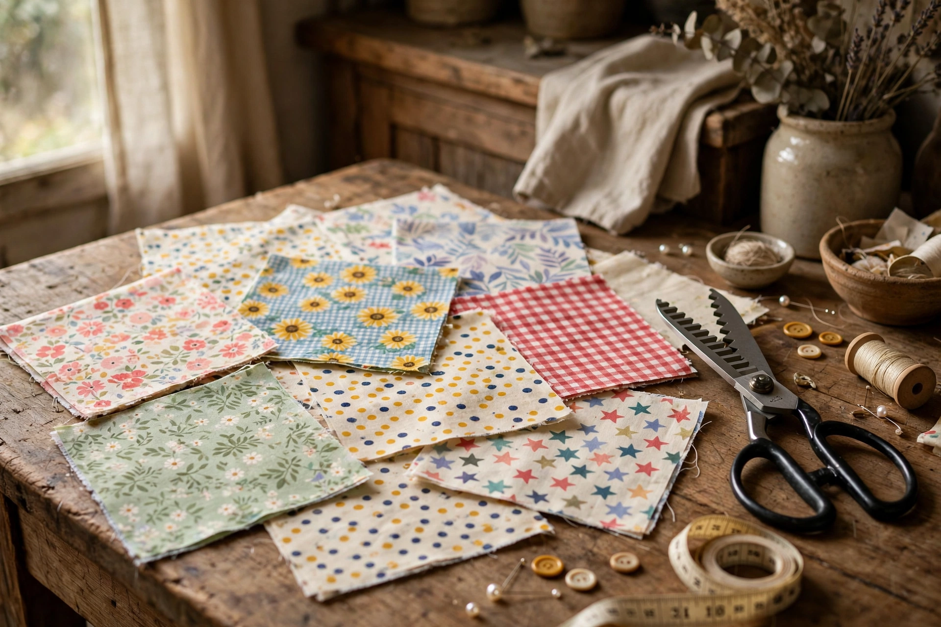 Squares of prewashed cotton fabric in cheerful prints with a pair of pinking shears on a cutting mat