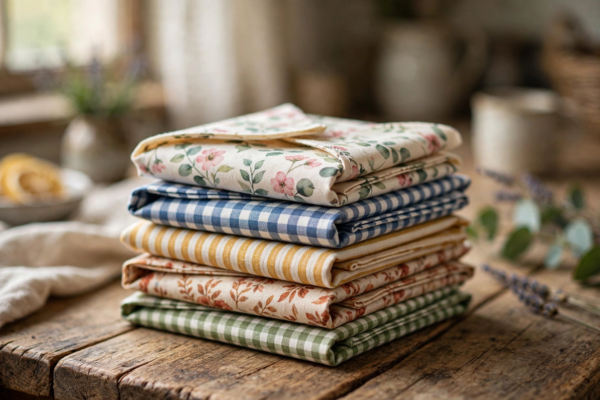 A cheerful stack of finished beeswax food wraps in assorted patterns — florals, checks, and stripes — folded on a wooden kitchen table