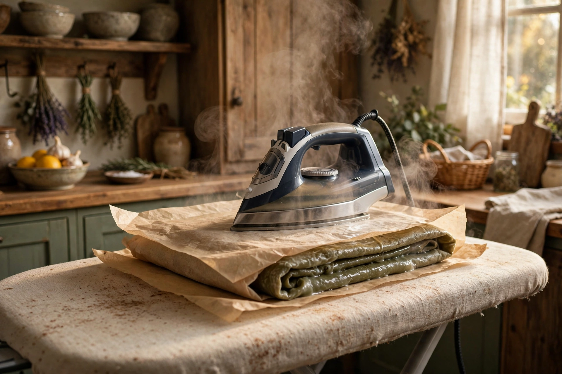 Pressing a beeswax wrap between two sheets of parchment paper with a warm iron