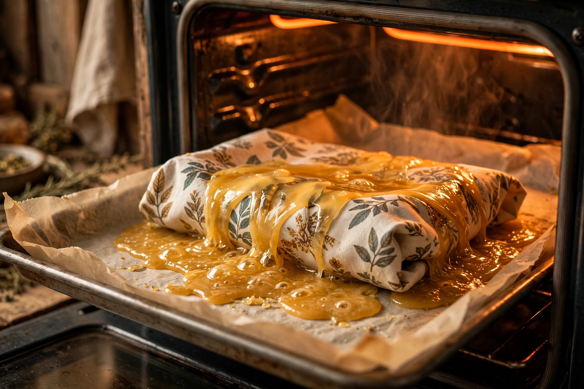 A beeswax wrap melting on a parchment-lined baking sheet inside a warm oven