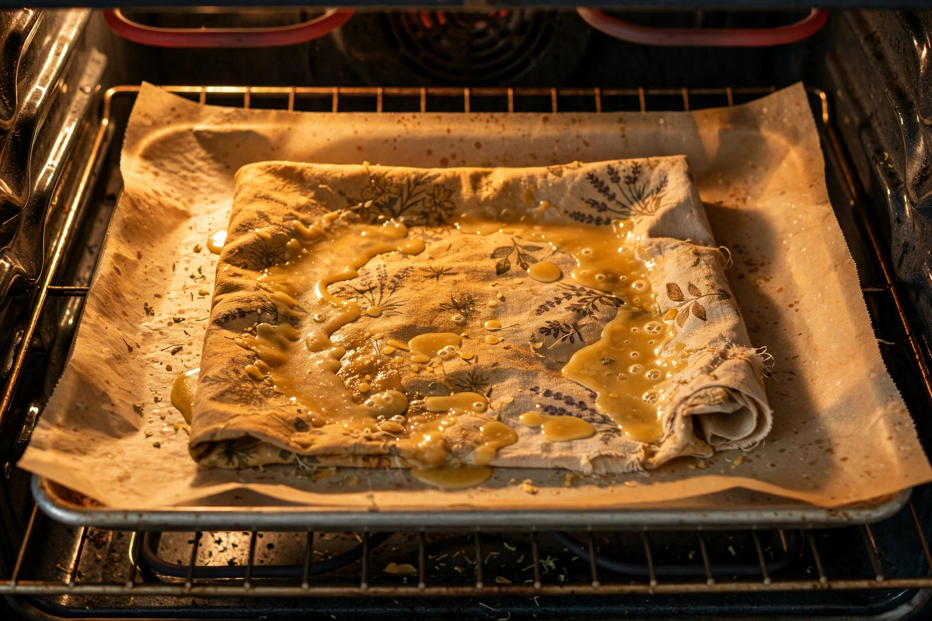 An older beeswax wrap refreshing on a parchment-lined baking sheet in a low oven