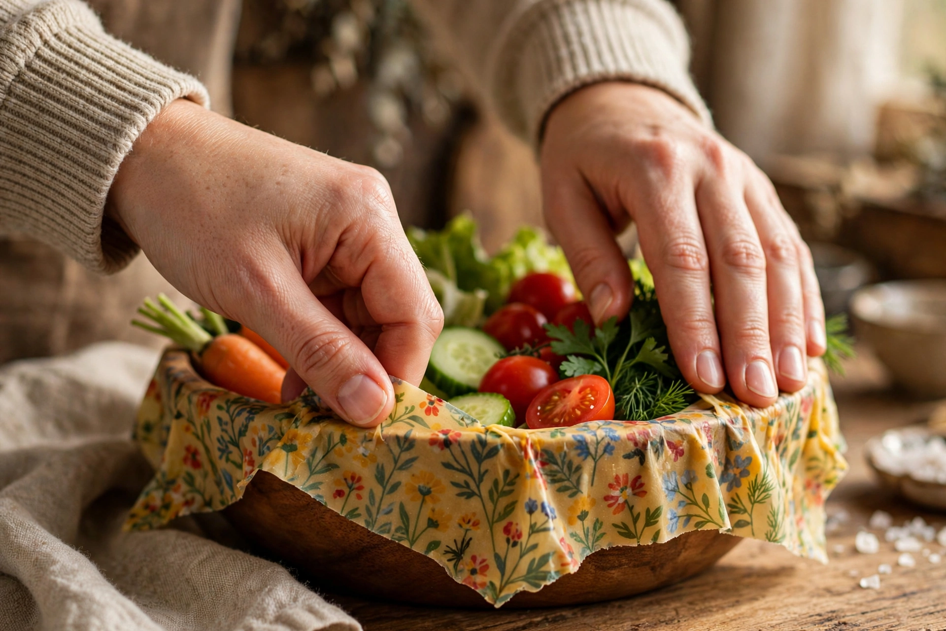 Hands pressing a beeswax wrap over a bowl of fresh vegetables to seal it
