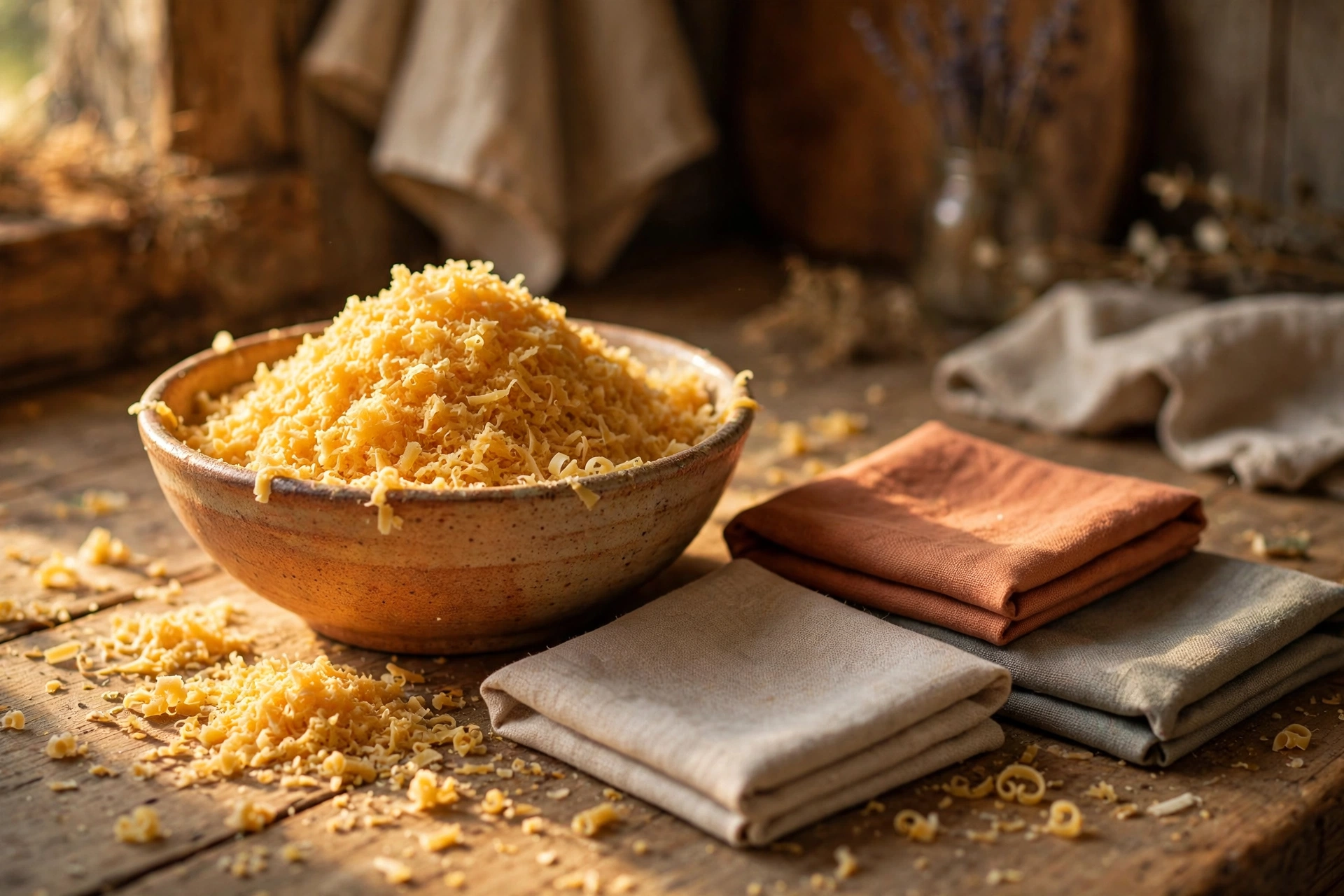 Golden grated beeswax piled in a ceramic bowl beside fabric squares